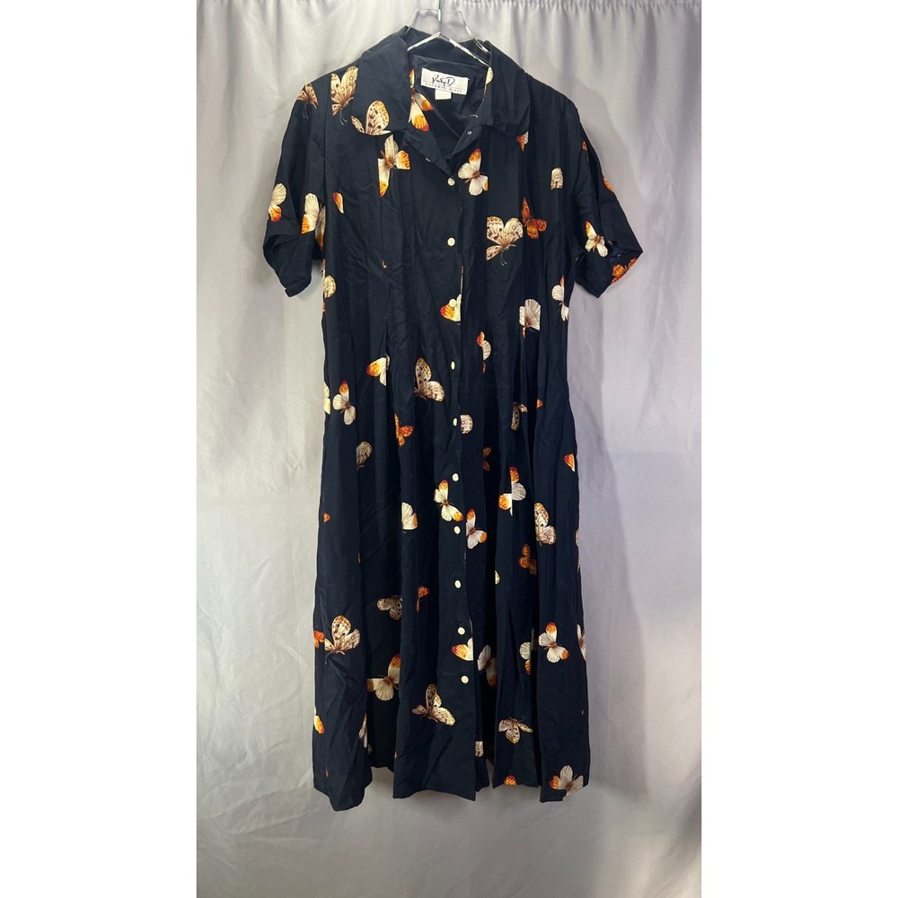 Kathryn Deene Shirt Dress Womens 14 Navy All Over Butterfly Print Button Front